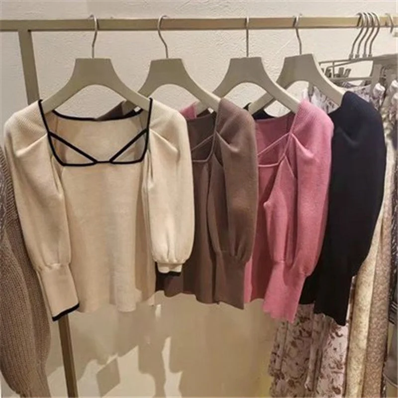 

2022 Japanese Jumpers New Women Pullovers Square Collar Bandage Three Quarter Lantern Sleeve Sliming Knitted Sweater