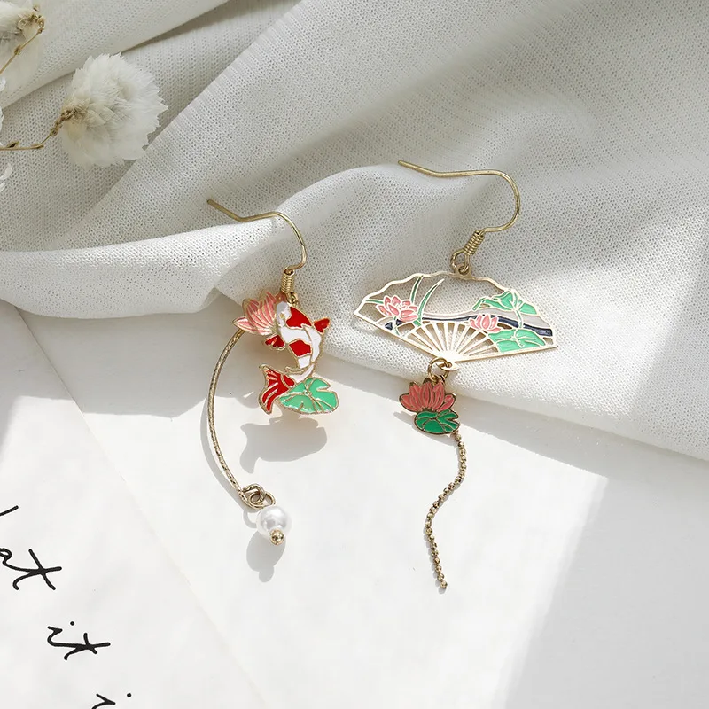 

Chinese Style Folding Fan Crane Carp Lotus Asymmetrical Long Tassel Dangle National Style Earrings for Women Jewelry Gift