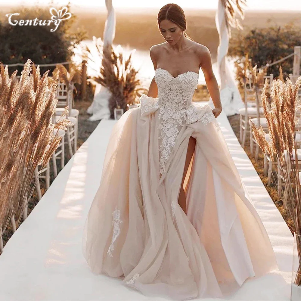 

Женское пляжное свадебное платье цвета шампанского, Кружевная аппликация для невесты, корсет с Боковым Разрезом на спине, модель Свадебные ...