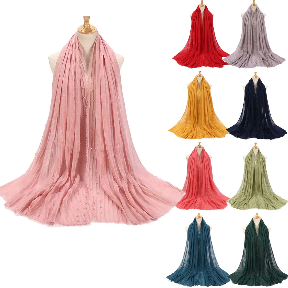 

2022 Plain Crinkled Cotton Linen Maxi Muslim Hijab Wrap Women Ladies Scarf Shawl Head Wrap Beads Head Scarves Soft Muffler Stole
