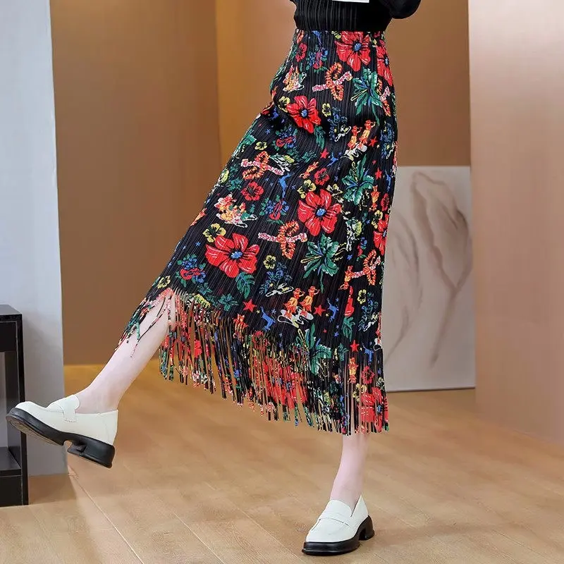 Женская винтажная длинная юбка, элегантная трапециевидная юбка средней длины в китайском стиле с принтом роз и бахромой, Z591, лето 2023
