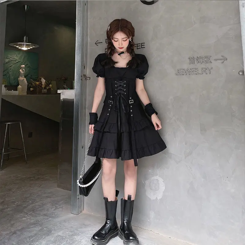 

Black Mall Goth Punk Kawaii Mini Lolita Dress Women Gothic Egirl Emo Lace Y2k Dresses Dark Academia Fairy Grunge Alt Clothes