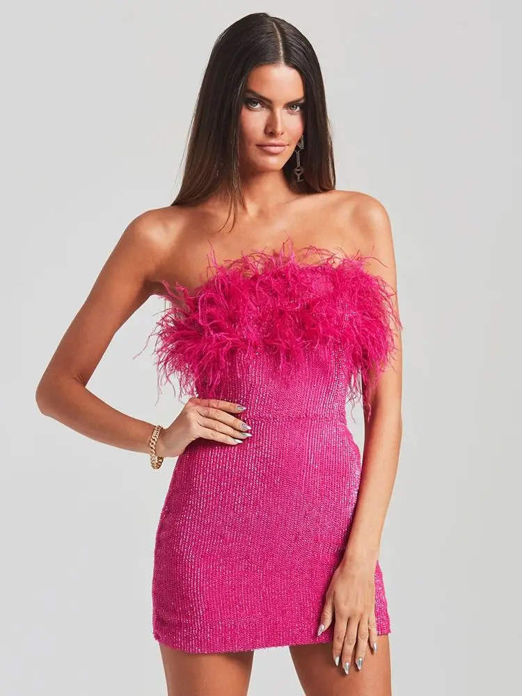 

2022 Autumn New Women's Rose Red Sexy Strapless Sequins Ostrich Feather Bodycon Celebrity Club Party Mini Dress Vestidos