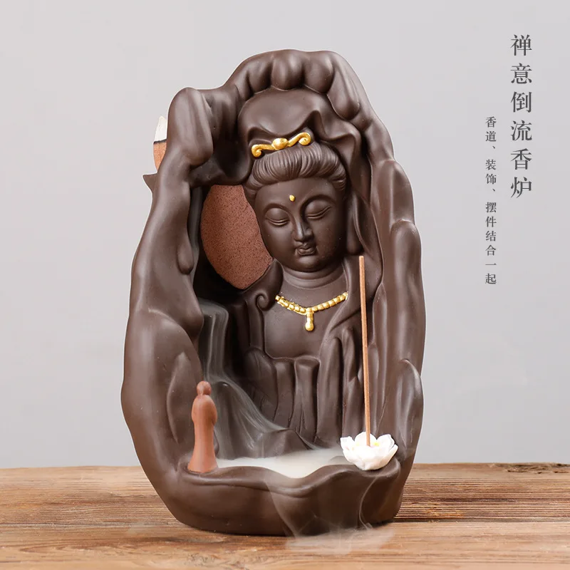 

Purple Sand Smoke Backflow Incense Burner Depicting Golden Lotus Guanyin Sandalwood Incense Burner Tathagata Zen Home Decoration