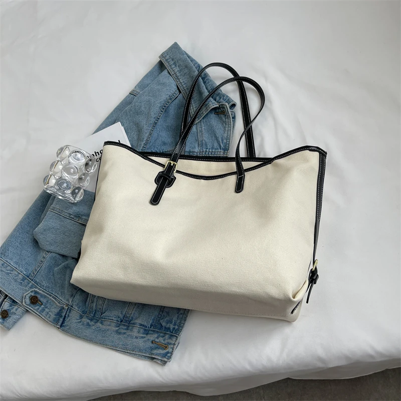 Solid White Canvas Totes For Women Large Capacity Shoulder Bags Classic Elegant Cotton Casual Bags Cute Soft Winter Packages
