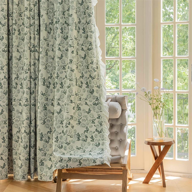 

French Fresh Green Flower Printing Lotus Leaf lace Bedroom Black Blackout Curtains For Living Room Balcony Window Tulle Drapes