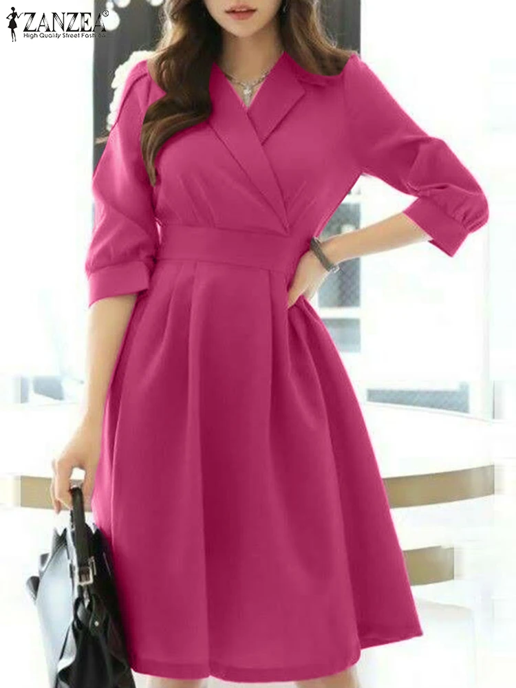 

ZANZEA Fashion OL Work Dress Women's Party Sundress Summer Long Sleeve V Neck Dresses High Waist Midi Robe Causal Solid Vestidos