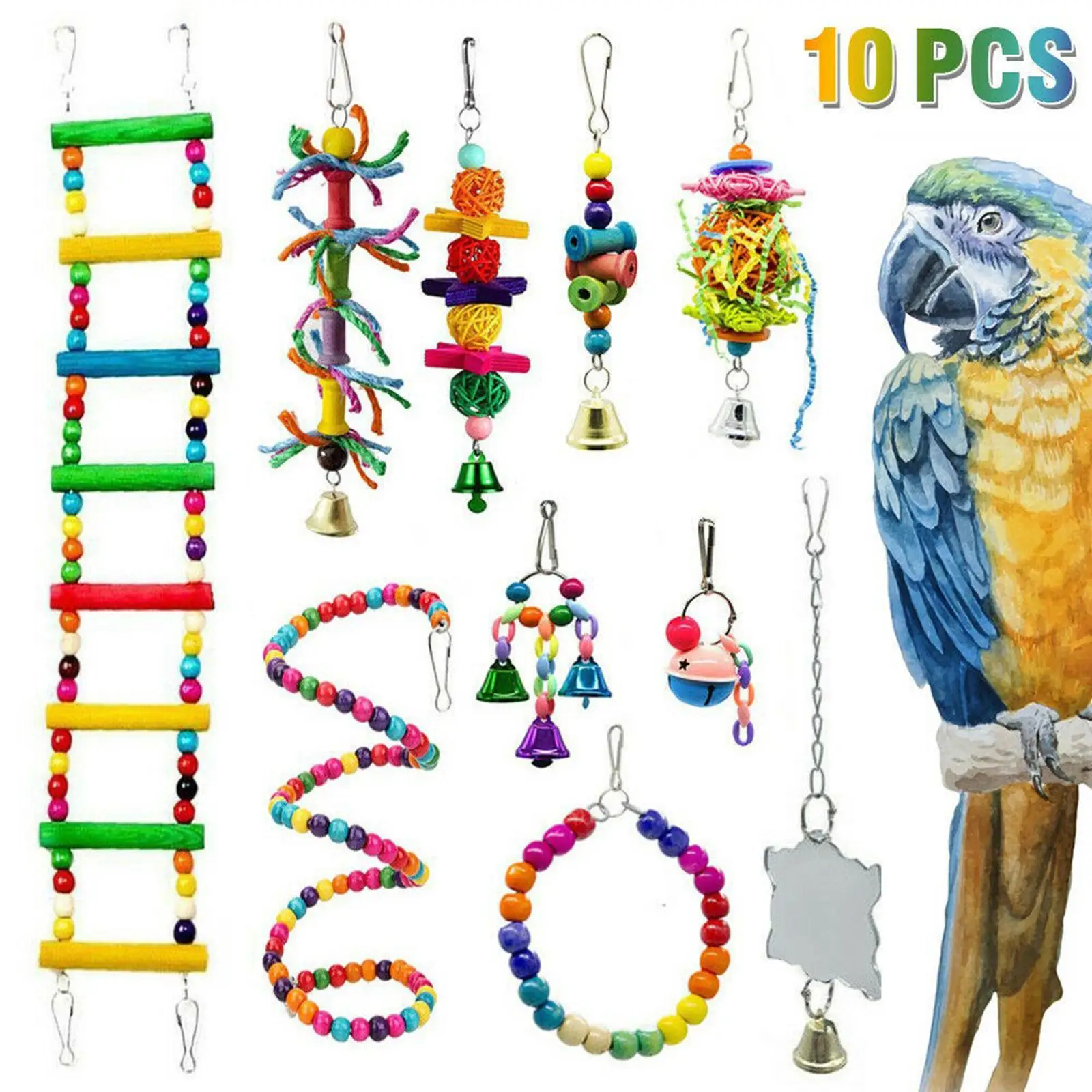 

10Pcs Colorful Bird Cage Toy Set Perch Parrot Cage Accessories Natural Wood Beads Bird Toys for Lovebirds Parakeet Conures