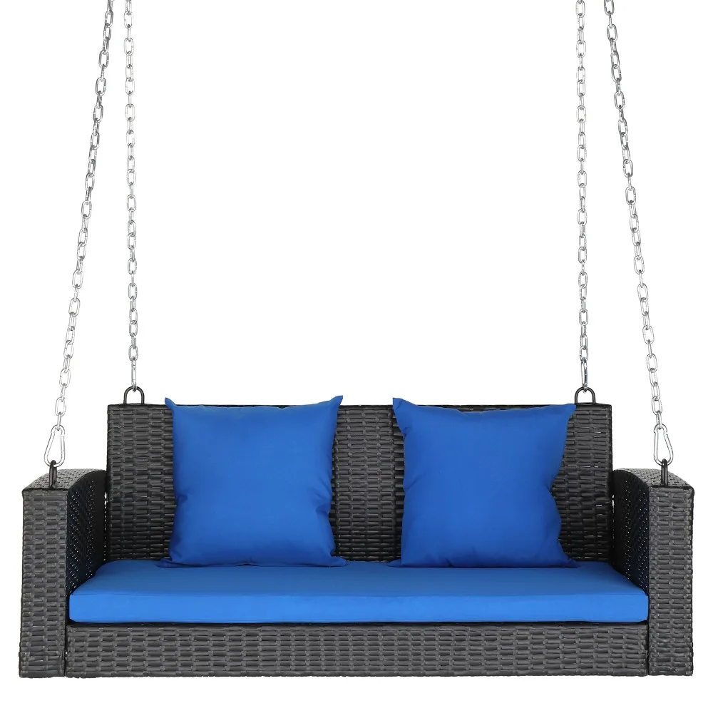 

49in 2 Person Rattan Patio Swings Blue Cushion Hanging Porch Garden Yard Wicker Swing Chair With Seat Cushion Black