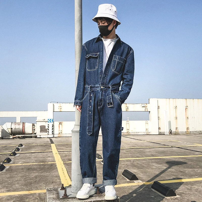 Spring New Hip Hop Denim Coverall Men's Jeans Cotton Jumpsuit Long Sleeve Male Loose Casual Washed Straight Pants Tide Overalls