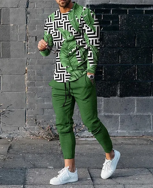 Spring/Summer Set Men Fashion Plaid 3D Printed Short Sleeve T-shirt+Long Pants Street Trend Casual Men's Sportswear 2-Piece Set