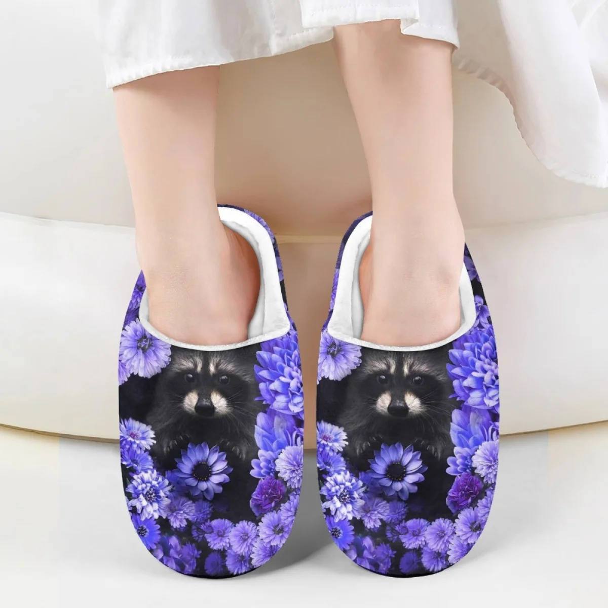 

Домашние теплые хлопковые тапочки для девочек и мальчиков, легкий художественный принт, фиолетовый цветок, енот, дышащая повседневная обувь из плюша для осени и зимы