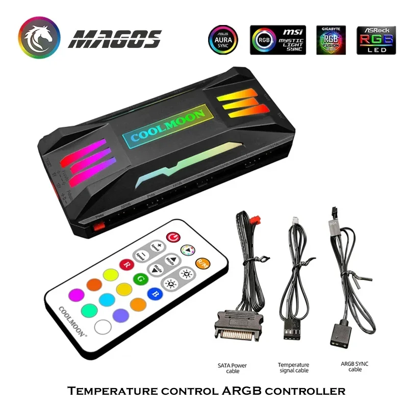 Фото COOLMOON Корпус для ПК Контроллер RGB-концентратора, ШИМ Smart TEMP. ADJ.+ 5 В ARGB M/B SYNC, беспроводной пульт дистанционного управления для охлаждающего вентилятора корпуса №3