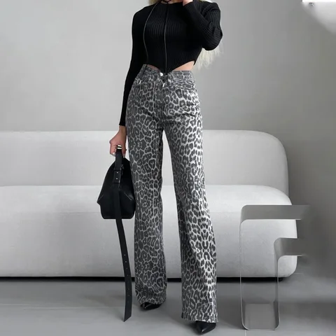 Женские Модные узкие джинсы с леопардовым принтом и высокой талией для весны, новинка 2024, женская повседневная одежда, облегающие брюки, женские джинсовые брюки