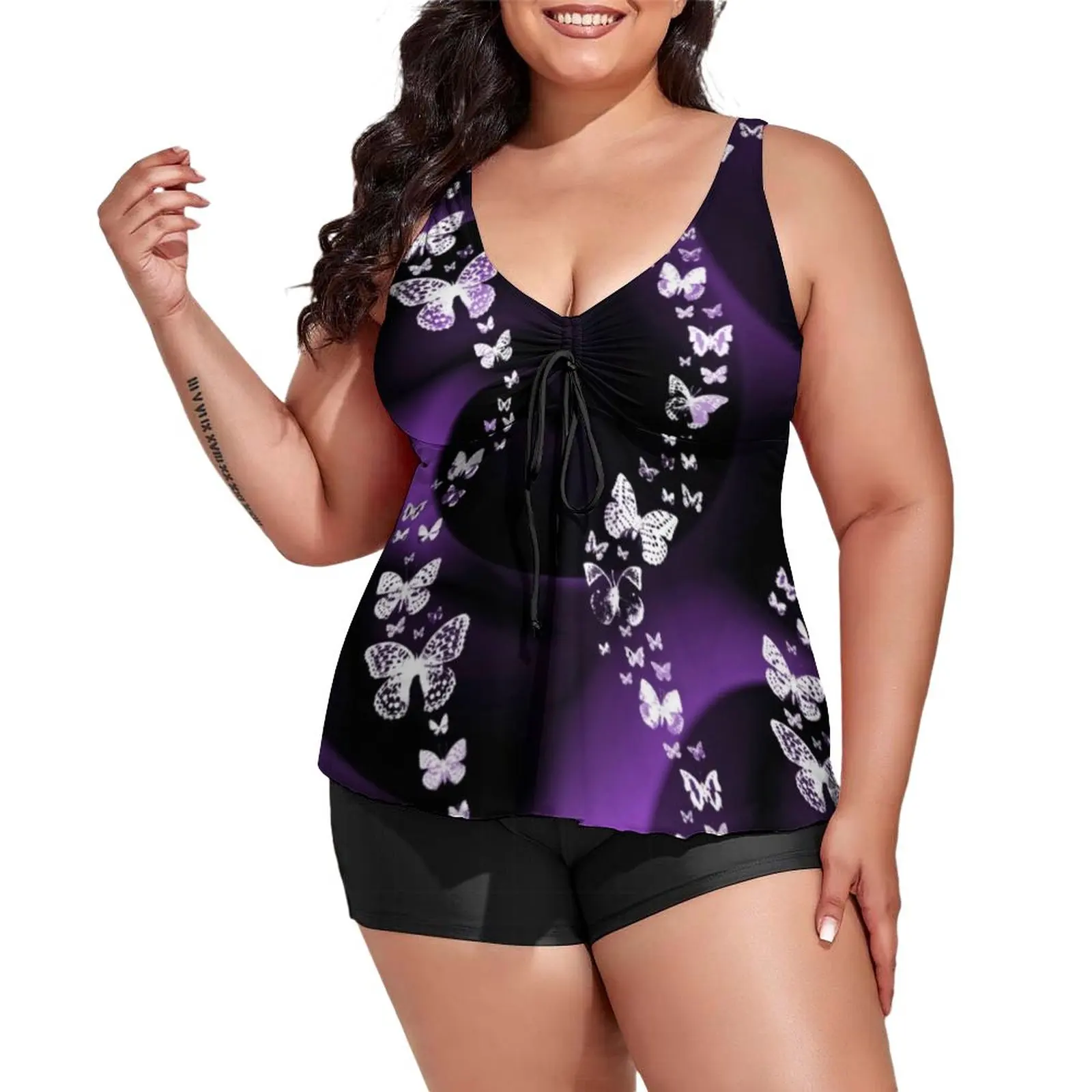 

Butterfly Swirl Tankini Swimsuit Magical Animal Print Retro Swimwear Two Piece Custom Bathing Suit High Waist Pool Beach Wear