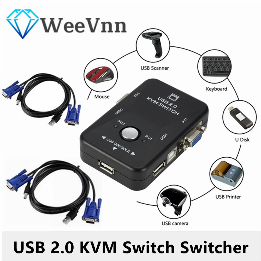 

Selling USB 2.0 KVM Switch Switcher 1920*1440 VGA SVGA Switch Splitter Box 2 Port with Two Cables for Keyboard Mouse Monitor