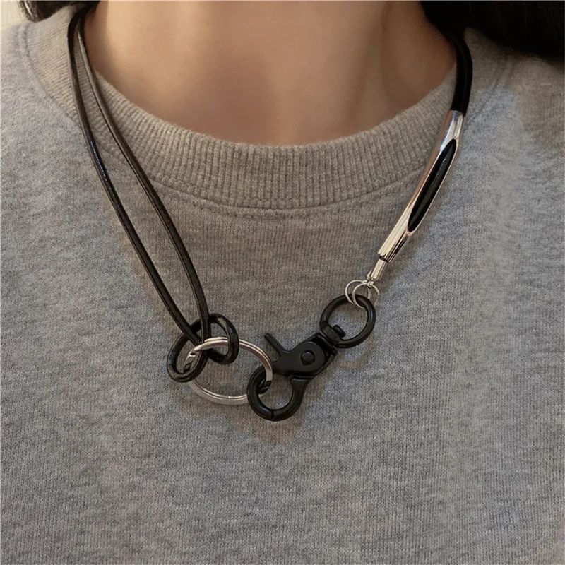 

2022 Korean Suede Leather Rope Button Stainless Steel Metal Double Layer Leather Ring Choker Necklace for Women Trendy Jewelry