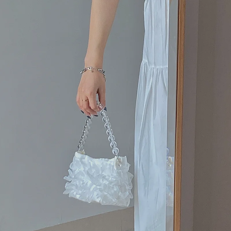 

Women Shoulder Bags Little Bucket Pearls Handbag Pearl Chain Crossbody Luxury Women Pleated White Chic All-match Bag Female