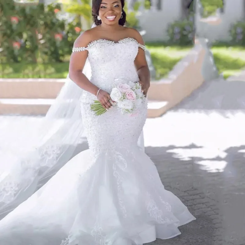 

Plus Size Crystal Off the Shoulder Mermaid Wedding Dresses Bridal Gowns Vintage Tulle Lace Appliques Country Africa Vestido 2023