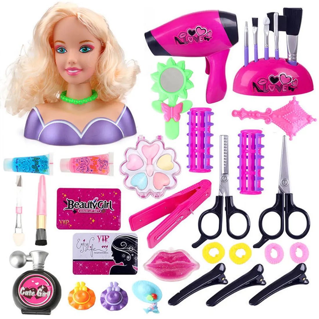 

34Pcs Children Makeup Pretend Playset Styling Head Doll Hairstyle Toy With Hair Dryer For Children Educational Toys Gift - 5806