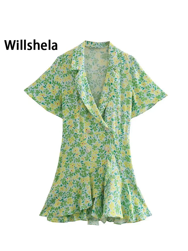 

Willshela женское модное Плиссированное двубортное мини-платье с короткими рукавами и v-образным вырезом, женские шикарные платья