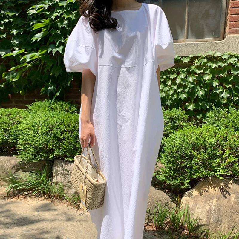 

SuperAen 2022 Summer Retro Solid O Neck Side Pocket Loose Lantern Sleeves Long Casual Dress Women