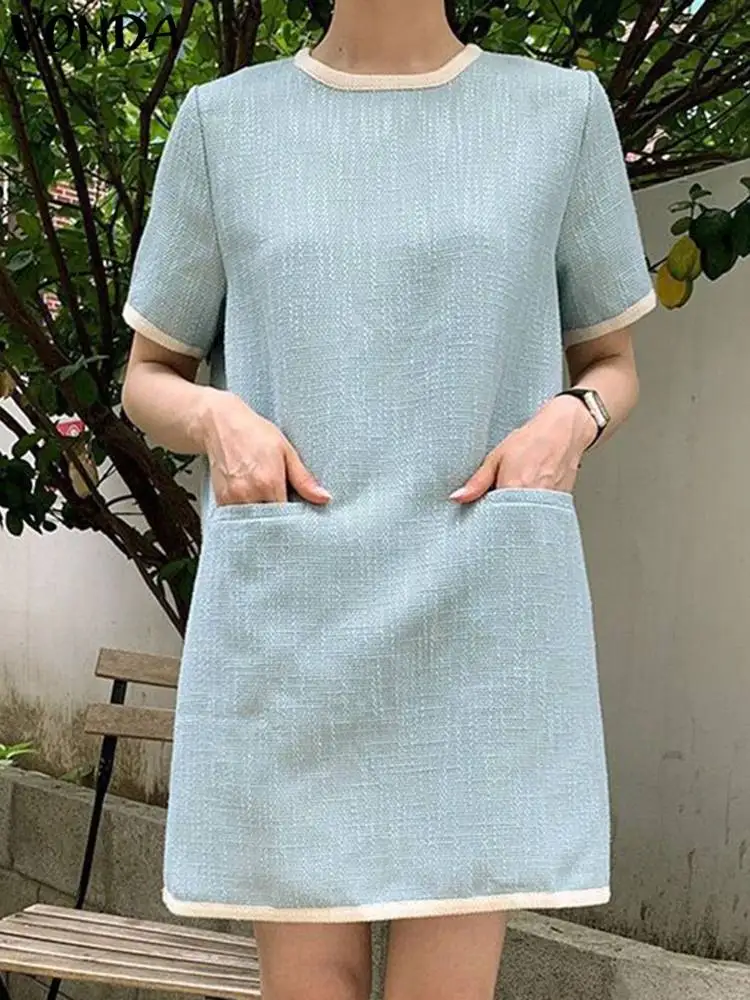 

VONDA Women Summer Stylish Vestido Short Sleeve Holiday Sundress Party Mini Dress Female Fashion Crew Neck Tunic Polyester Robe