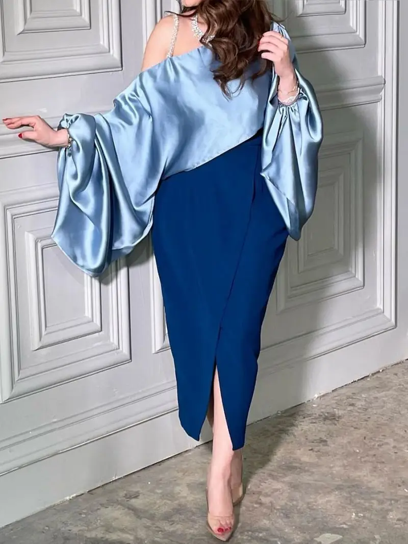 

Women's Dress Fashion Long Slim Tight Sexy Low Shoulder Summer Stitching Banquet Evening Dress Blue Bag Hip Long High Waist