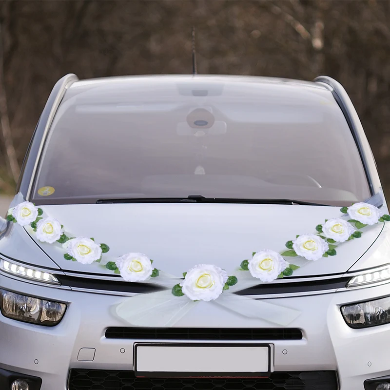 

White Rose Artificial Flower Wedding Car Decoration Fake Rose Bridal Car Decor Door Handle Ribbons Silk Flower wedding Supplies