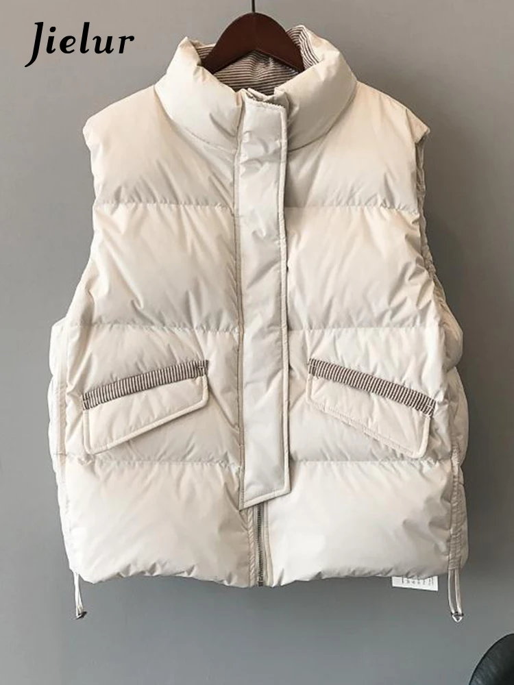 

Jielur Cotton Down Women Vest Coat Stripe Thicken Winter Sleeveless Jacket Female Fashion Windproof Warm Waistcoat for Women