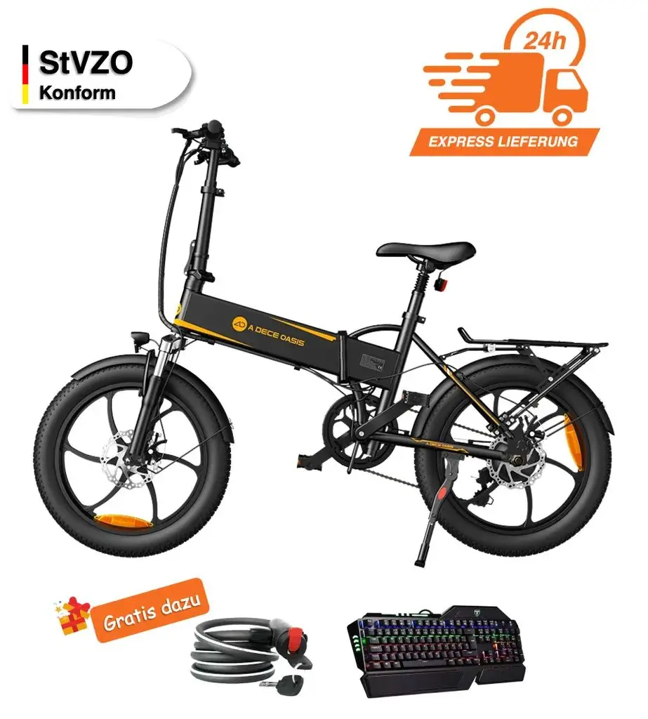 

A20 XE electric bike, e-folding bike, folding pedelec derailleur gears, mechanical disc with double pressure system, 250W 25km/h