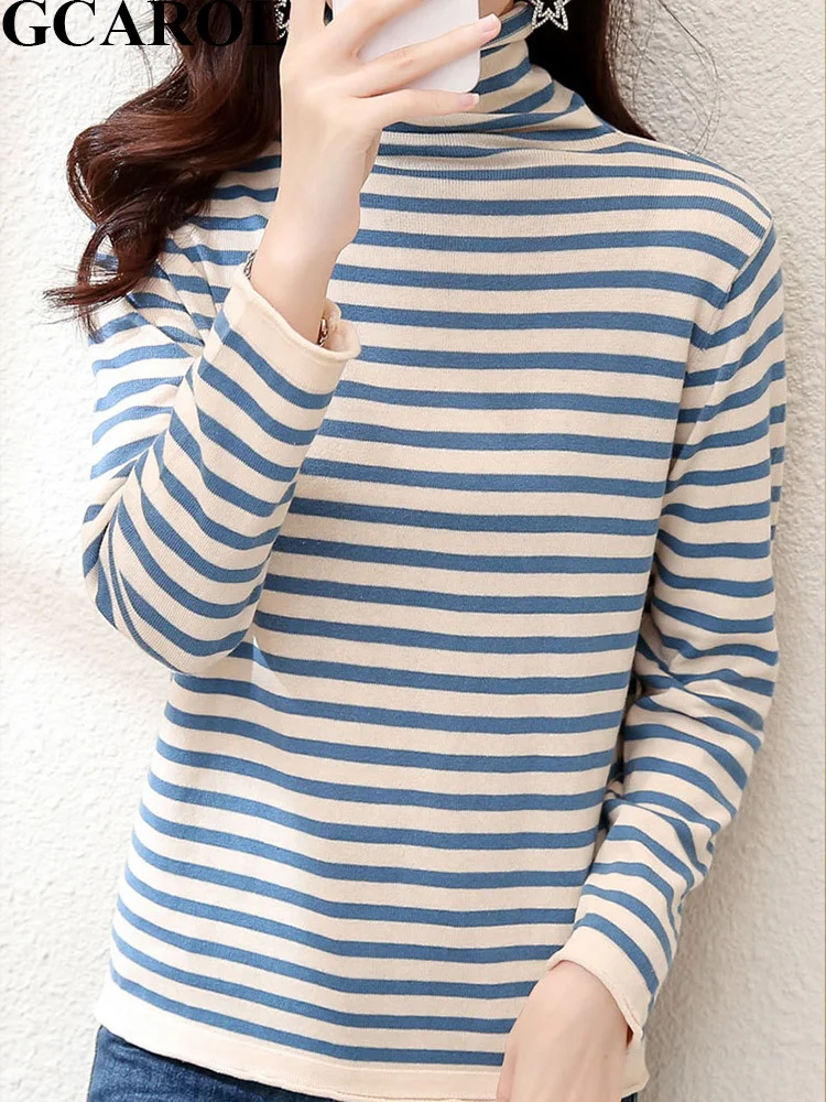 

GCAROL Autumn Winter Women Cotton Lined Pile Collar Sweater Stripes Knit Jumper Stretch Warm Soft Office Lady Vintage Pullover