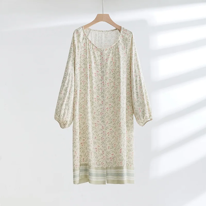 

Cotton Round Neck Lily of The Valley Printing Shirt Night Dress Long Sleeve Homewear Pajama Dress for 2023 Women Spring Clothes