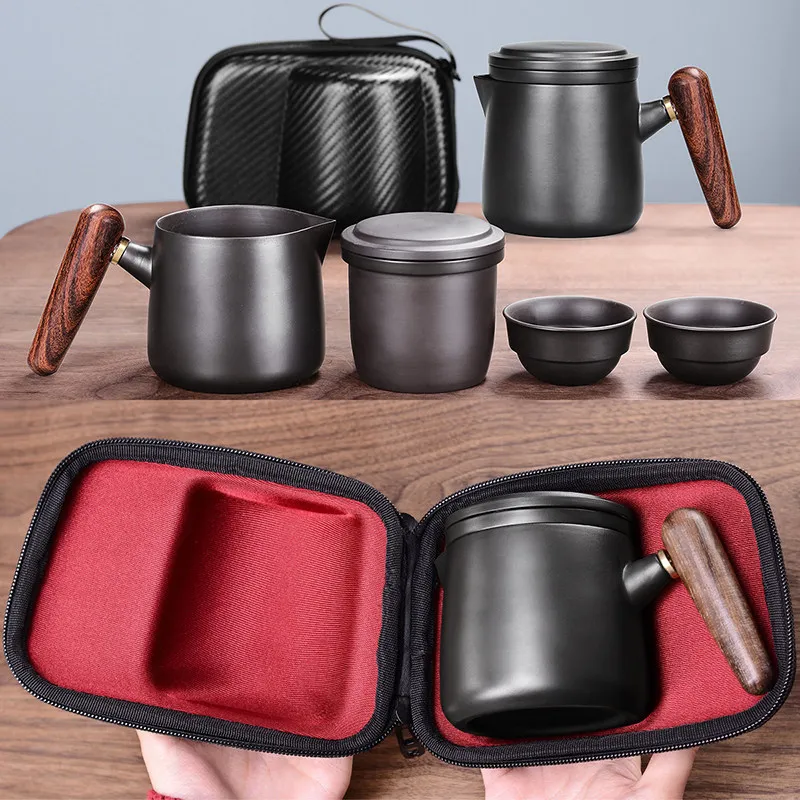 

Чайный набор с фиолетовым песком, черный/красный керамический семейный набор чайных чашек, портативная дорожная чайная посуда, семейный ча...
