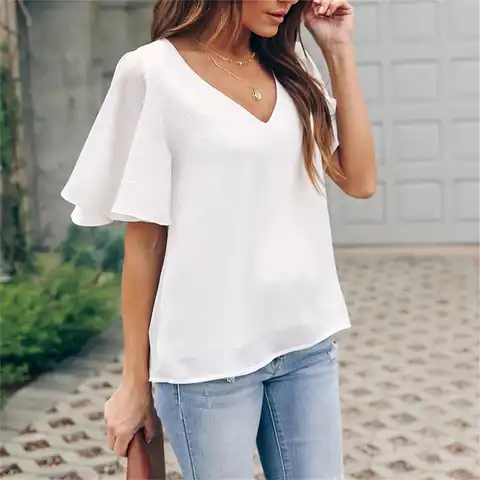 Women Blouses Elegant Casual Plus Size Sleeves Sexy Tops Ruffles Loose V Neck Shirts Women's Clothing Free Shipping 블라우스