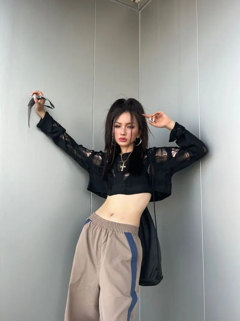

Women Y2k Hollow Knit Mesh Sexy Streetwear Long Sleeve Crop Tops Female Black Pullover Retro 2000s Grunge Chic Clothes Sweater