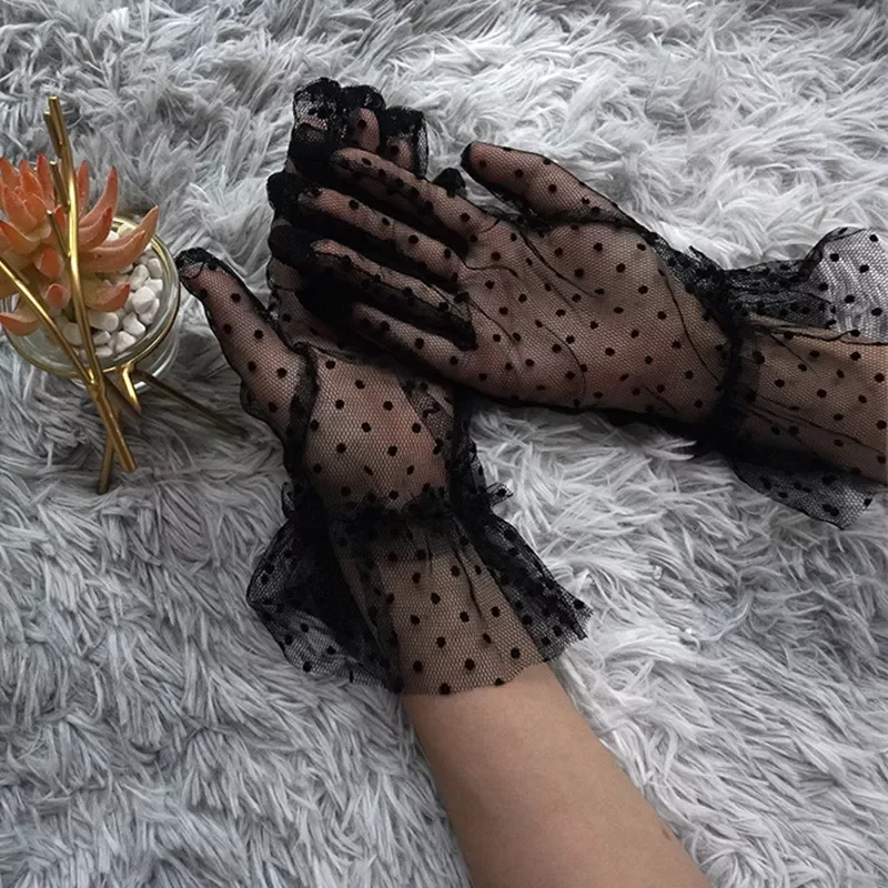 

Women Black Short Tulle Lace Gloves Stretchy Spots Sheers Flexible Mesh Gloves Sexy Transparent Full Finger Silk Short Gloves