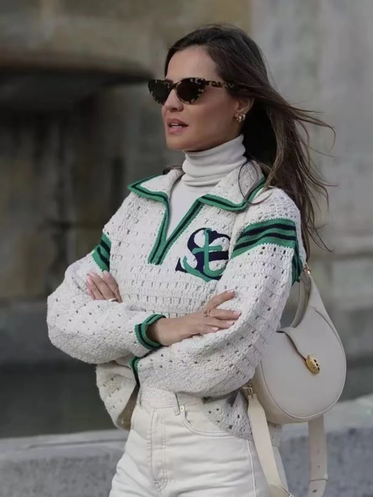 

Sandr* Women's lapel Wool Knitwear Women Winter 2023 Thick Needle Embroidered Letters Sweater Long Sleeve Plus Size Top