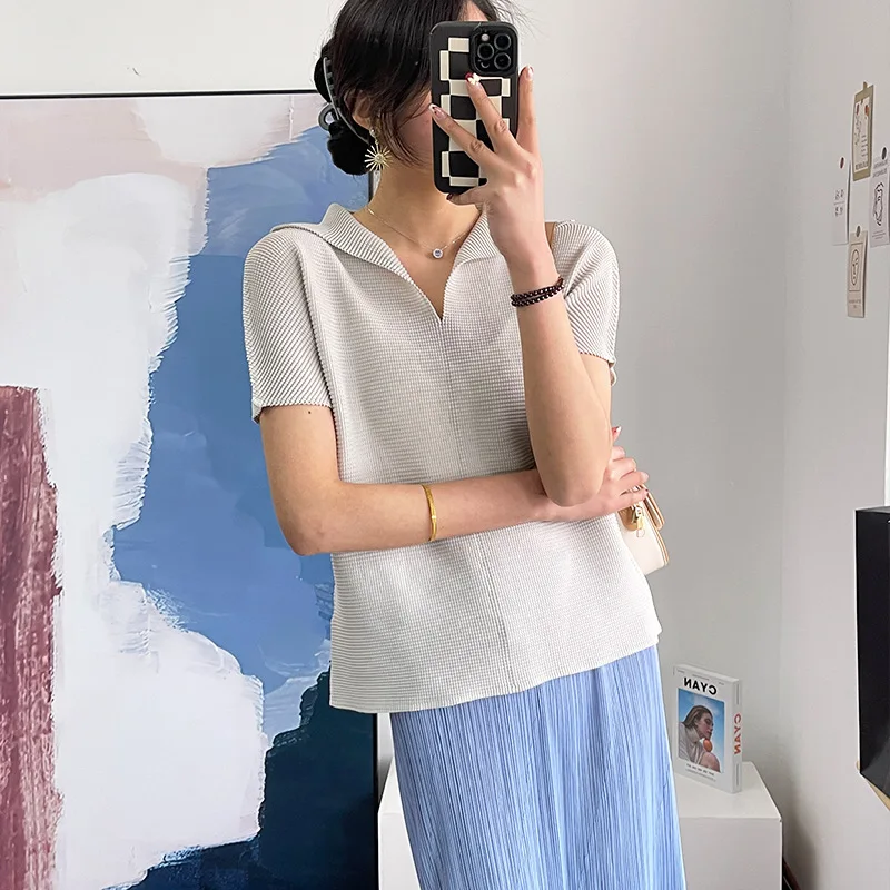 Women's Summer New Short Sleeve T-Shirt POLO Shirt Fashion Pleated Loose Casual Solid Color Oversized Pullover Top