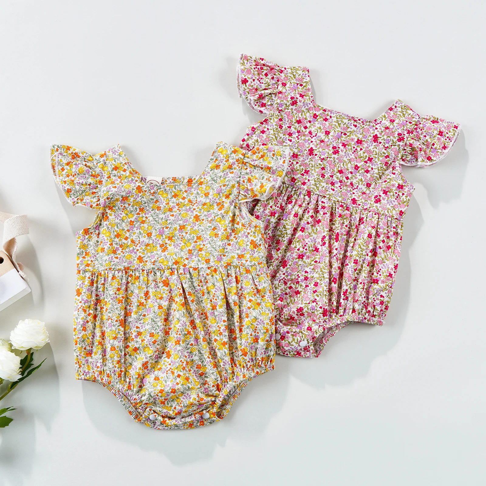 

Summer Baby Girls Casual Rompers Infant Newborns Short Sleeve Square Neck Floral Buttons Loose Bodysuits Outfits Playsuits 0-24M