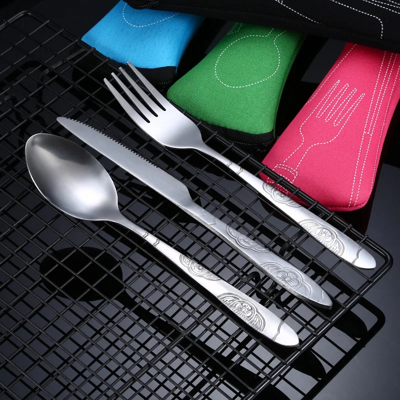 3pcs Set Dinnerware Portable Printed Stainless Steel Spoon Fork Steak Knife Set Travel Cutlery Tableware with Bag dinnerware
