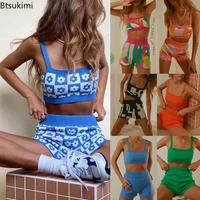new women summer knitted print sports shorts suit tracksuit women summer beach outfits strap top high waist shorts two piece set