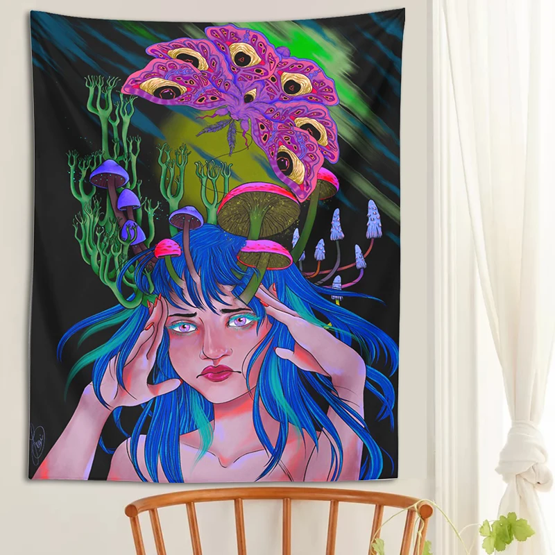 

Psychedelic Girl Tapestry Wall Hanging Botanical Mushroom Flower Aesthetic Hippie Eye Wall Carpets Dorm Decor Starry Sky Carpet
