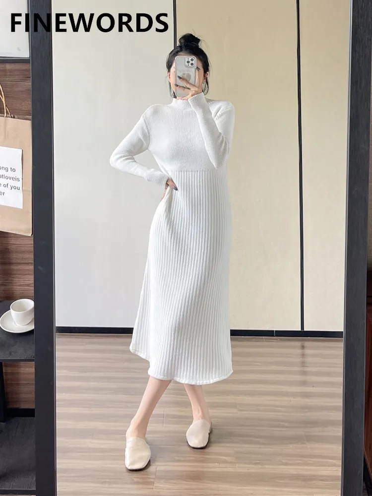 

FINEWORDS Korean Autumn Long Knitted Dress Women Long Sleeve O Neck Winter Sweater Dress Harajuku Solid Elegant Vintage Dresses