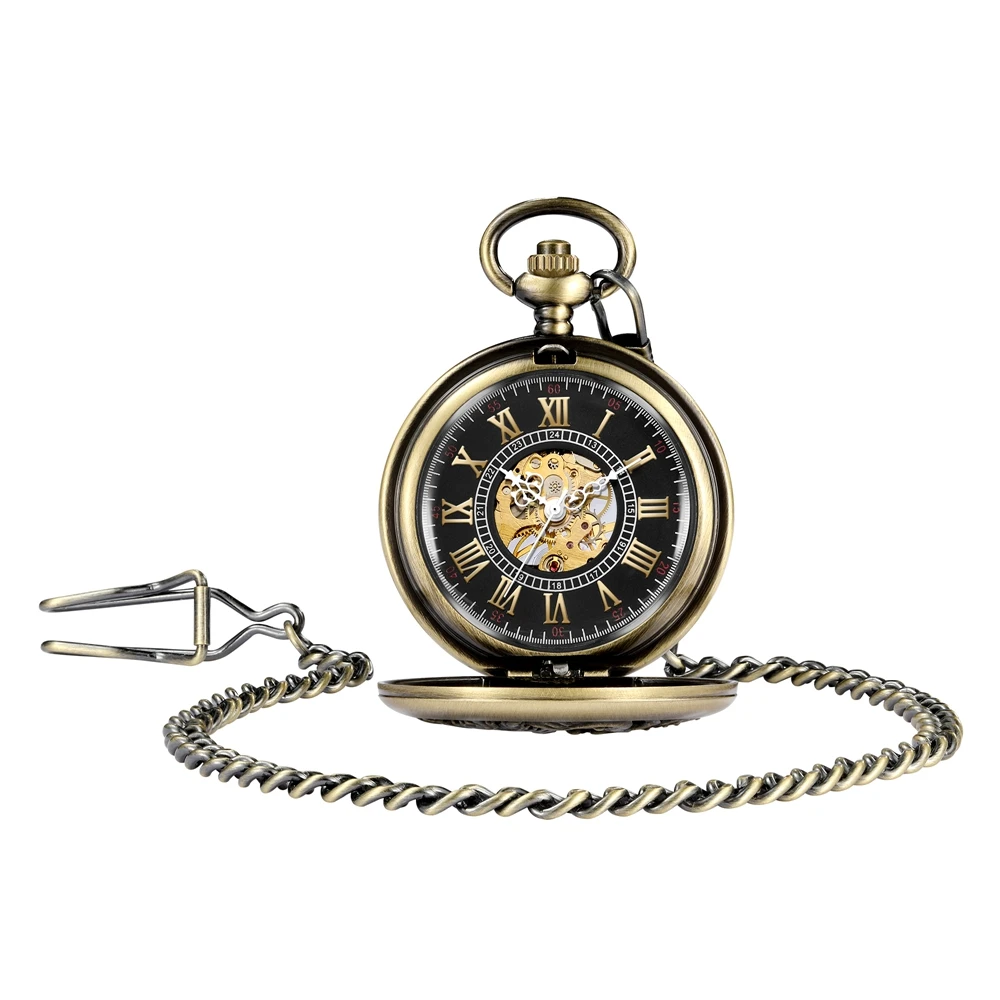 Vintage Retro Mechanical Pocket Watch Double Dragon Play Ball Steampunk Skeleton Hand-wind Flip Clock Fob Watch With Chain Men