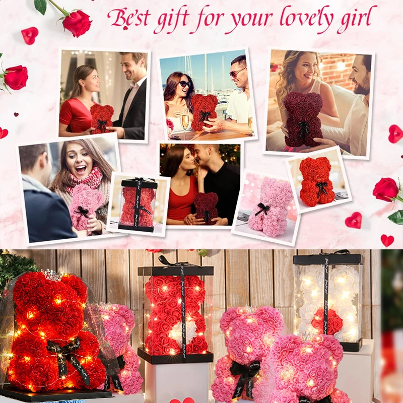 40cm Crown Wedding Dress Rose Teddy Bear With Box Light Romantic Gift for Girlfriend Valentines Day Birthday Anniversary - купить по