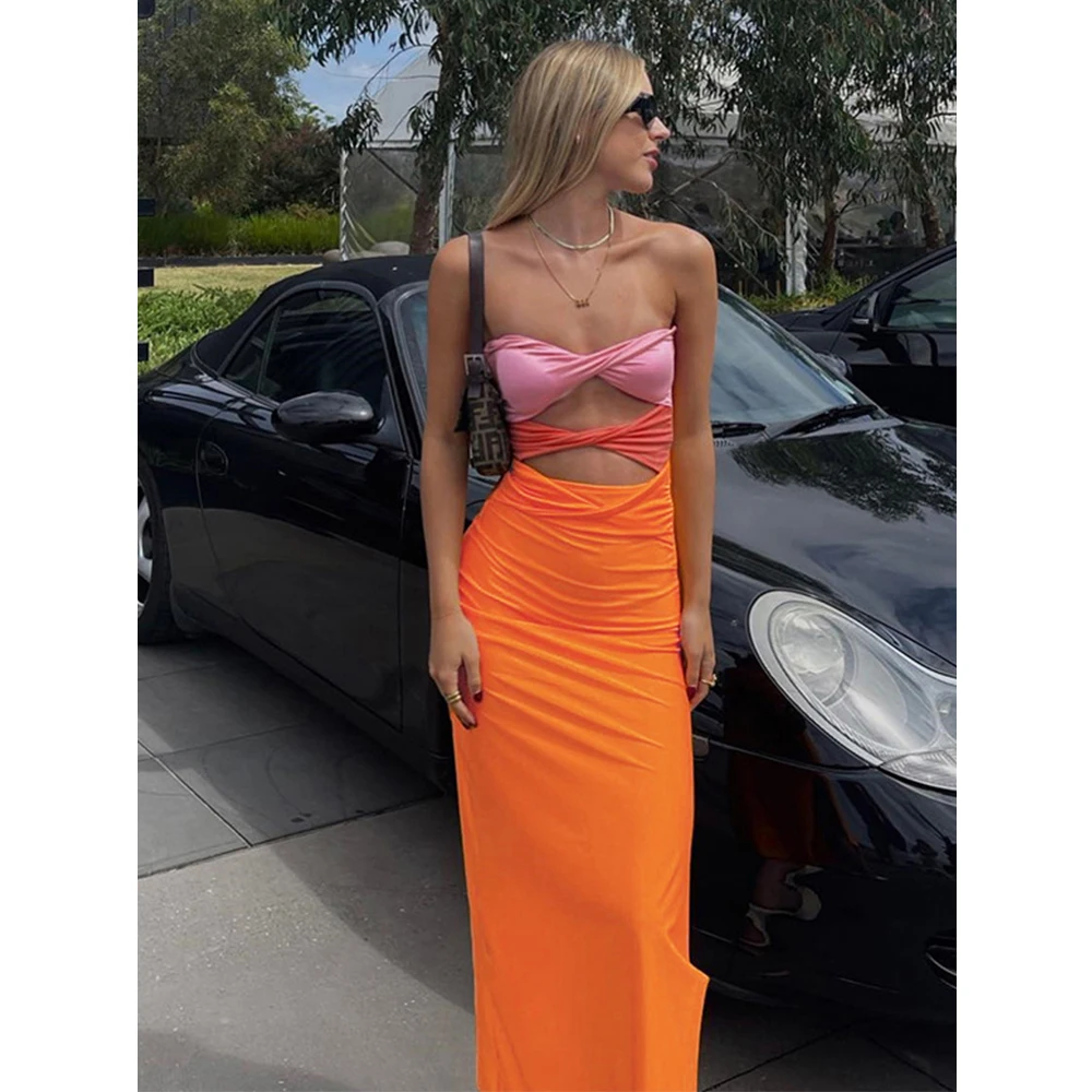

Patchwork Y2K Strapless Bodycon Dress Sexy Women Hollow Out Sleeveless Backless Summer Beach Dresses Party Club Midi 2022