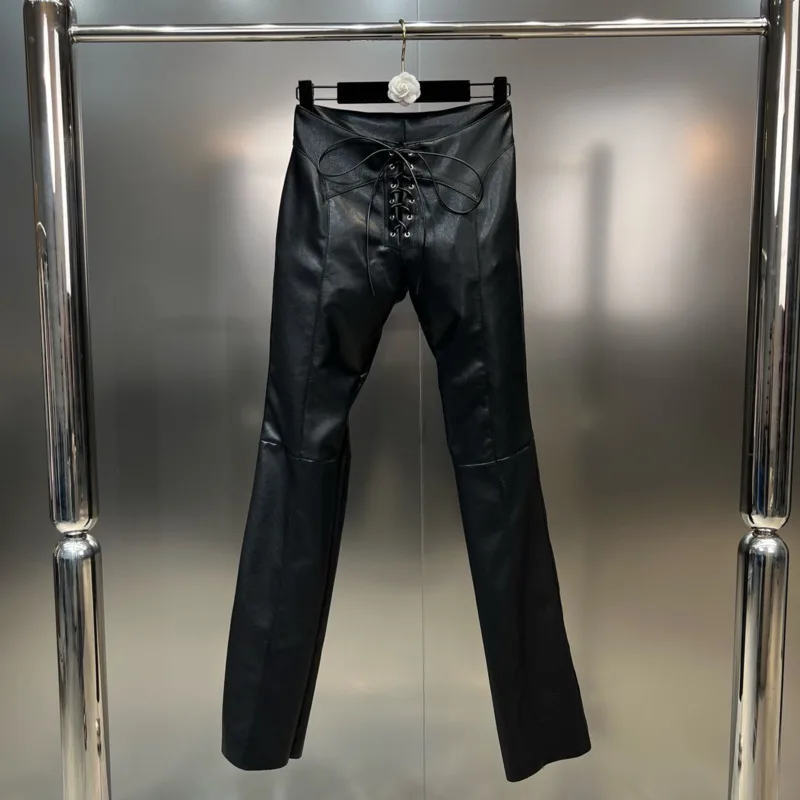 

BORVEMAYS 2023 Autumn New High Waist Drawstring Solid Color All-match Simple PU Leather Slin Straight-leg Pants Women WZ3725