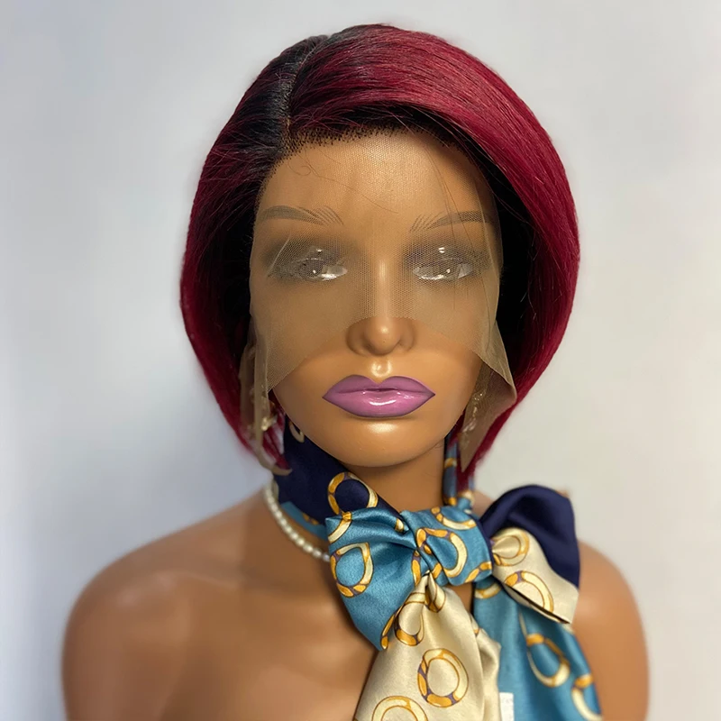 

DreamDiana 100% Human Hair Bob Straight Wigs 150 Density Ombre 13X4 Frontal Lace Pixie Cut Glueless Peruvian Hair Short Bob Wigs