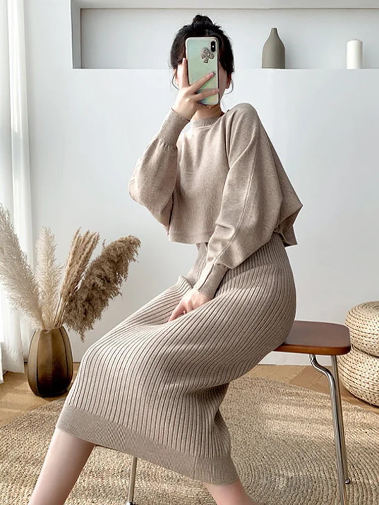 Fashion camisole knitted vest stacked sweater dress two-piece set in autumn and winter